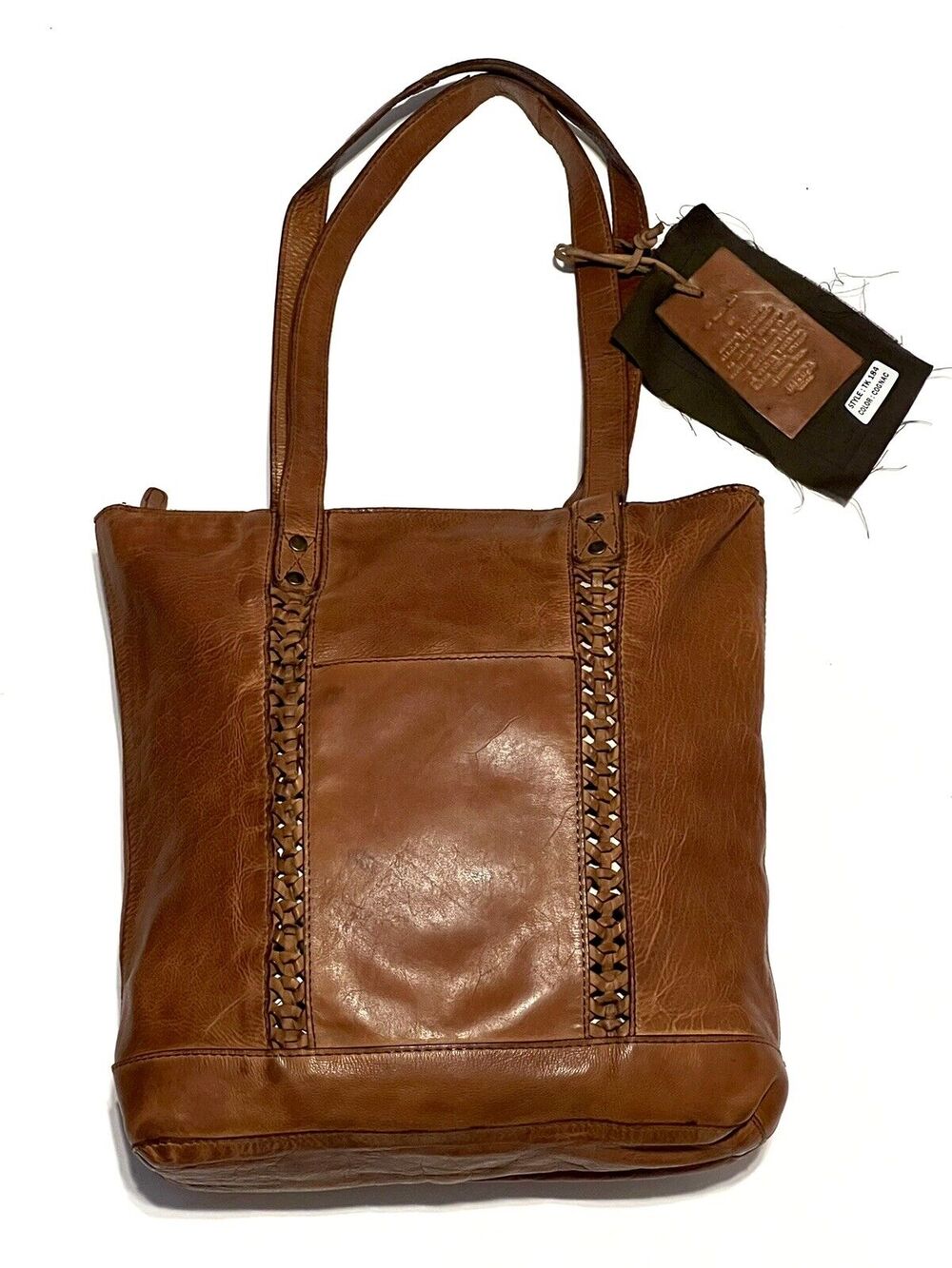 Vilenca Holland Leather Tote Shopper Woven Detail Cognac MP 466 NWT 12”X11”X4”